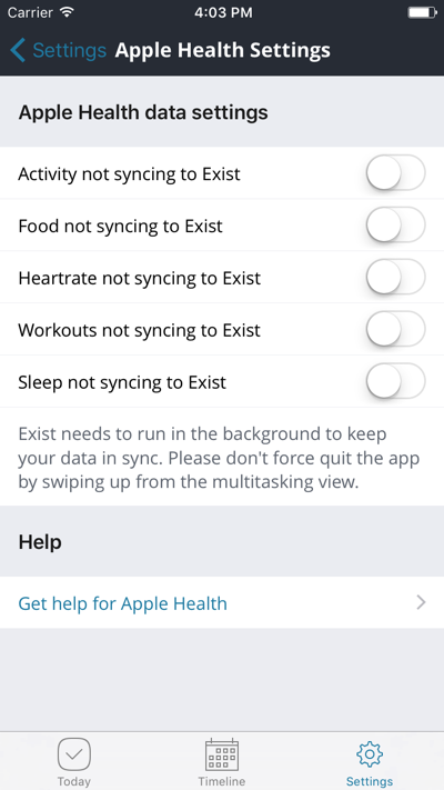 Apple Health settings in Exist for iOS