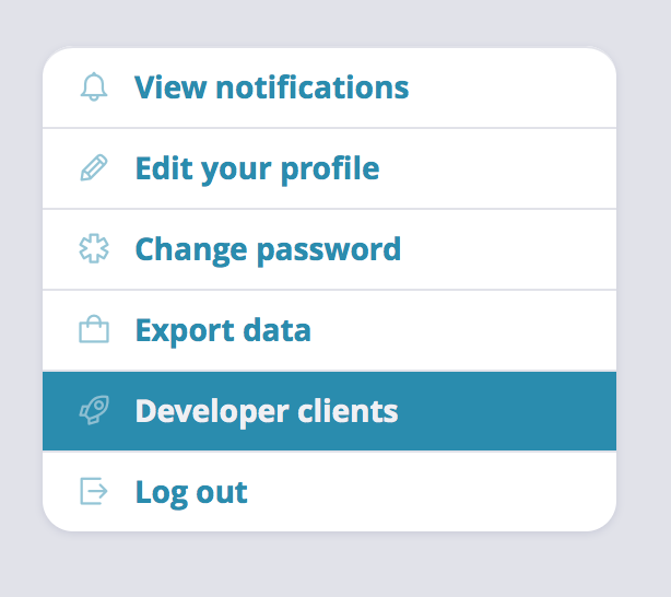 Exist screenshot showing "Developer clients" option